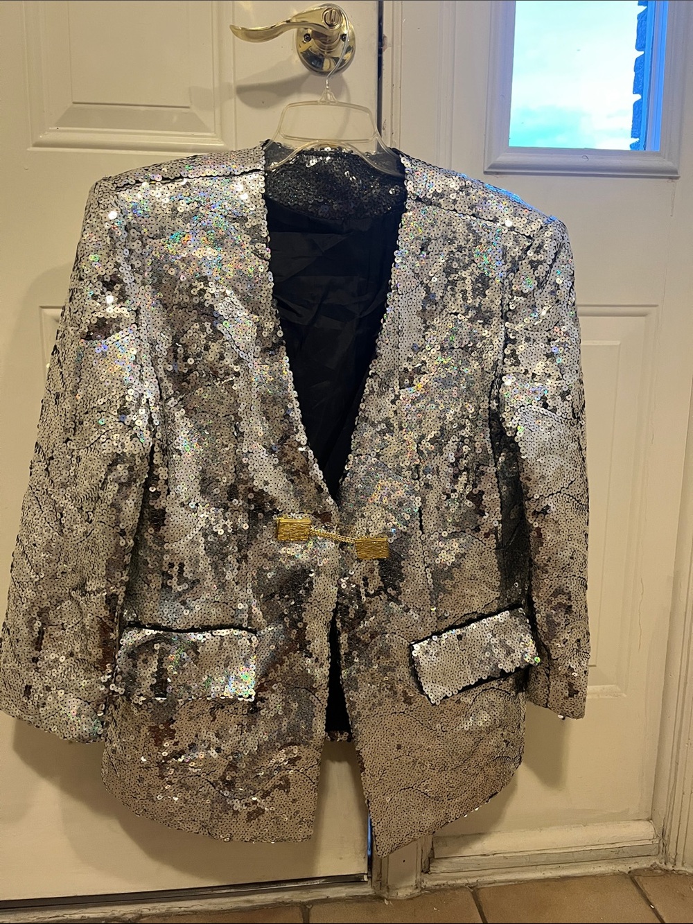 Unique Vintage Silver Sequin Blazer with Gold Clasp Accent